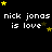 Black background with repeated white text 'nick jonas is love' and yellow stars scattered across the image.