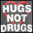 identical 'HUGS NOT DRUGS' icons with a heart outline in various colors on a gray background