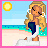 Pixelated beach scene with blonde woman in blue dress, transitioning from sunny shore to indoor room with text 'what happened to summer?!'