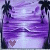Purple-hued beach scene with palm trees and water reflections, featuring a small pink heart icon in the lower-left corner.