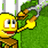 Pixelated yellow cartoon character with large eyes and red mouth holding green leafy branch with orange fruit against green background.