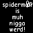 Pixelated text displays 'spiderman' with a small icon, followed by 'is muh nigga werd!' in monospaced font on black background.