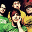 Four pixelated figures in a group pose, one in green, one in yellow, one in red, and one in dark clothing against a black background.