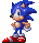 Pixel art of blue hedgehog character with red shoes and white gloves in multiple poses against gray background.