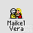 Pixel art of two figures embracing, one in yellow shirt and red dress with blonde hair, the other in black-and-white mask; text "Maikel Vera" below each figure.