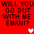 Red background with repeated black pixelated text 'WILL YOU GO OUT WITH ME EMANI?' and white/pink heart symbols.