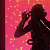 Pixelated static image of a dark silhouette against a pink and orange gradient background with scattered light speckles.