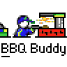 Pixel art animation of a cartoon character grilling at a BBQ stand with flame effects, displayed in a 2x2 contact sheet format.