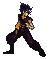 Pixel art character with blue spiky hair in three poses: left-facing stance, right-facing stance holding a sword, and forward-facing stance with a bow.