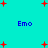Cyan background with scattered red plus signs and four instances of blue text reading 'Emo' in a pattern