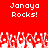Red background with white pixelated text "Janaya Rocks!" repeated twice above a of white and red pixelated hands raised in celebration