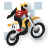 Pixelated image of a person riding a motorcycle, wearing red and black clothing with yellow accents.