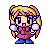 Pixel art character with blonde pigtails, pink dress, blue shoes, white gloves; multiple poses show head turns and arm movements.