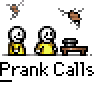 Animated contact sheet of a pixel art prank call icon showing stick figures with speech bubbles and repeated text across 14 frames.
