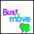 Four variations of a pixelated icon showing 'Bust' and 'move' text with heart symbols, each in different color schemes against white or black backgrounds.