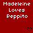 Red background with repeated white text "Madeleine Loves Peppito" and small black heart or arrow symbols in different positions across frames.