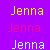 Static image with three stacked instances of the name "Jenna" in yellow, pink, and light blue pixelated text on a solid purple background.