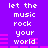 Pixelated text 'let the music rock your world' repeated in two on a purple background with pink horizontal bars