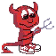 Red devil character with horns, tail, and white eyes appears in four pixelated poses holding a trident or open hand against gray background.