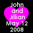 Four identical pixelated images of a pink heart with white text reading "John and Jillian May 12 2008" on black background.
