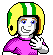 Pixelated character with yellow-green striped helmet and pink shirt in six sequential poses showing hand gestures.