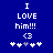 Blue background with white pixelated text reading "I LOVE him!!!" and a heart symbol, surrounded by five small plus signs with one gray.