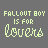 A contact sheet of 11 animated frames showing a pixelated text-based icon with "FALLOUT BOY IS FOR lovers" in light green and black lettering on a gray background, arranged in a 4x3 grid with one empty cell.