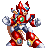 A 6-frame animated contact sheet of a red and white armored robot character with green chest emblem, blue eyes, and yellow accents in various poses against gray background.