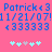 Pixelated blue text on pink background shows 'Patrick<3' with date '11/21/07!' and repeated '<33333' below, plus two of light-blue and gray star icons