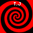 Four identical red and black spiral patterns arranged in a , each with white text "T.J" at the top center