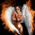 Animated icon of a winged figure with brown skin and white wings, surrounded by orange flames against black background.