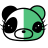 Pixelated cartoon character icon split vertically into black and green halves with large eyes, rounded ears, and a simple mouth on white background.