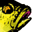 Yellow fish with black outline and pink accents, orange 'P' on head, pixelated style against gray background.