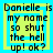 Four identical pixelated text with blue and yellow borders display the phrase "Danielle is my name so shut the hell up! ok?" in black block letters