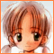 Pixelated anime-style character with light brown hair and green eyes, shown in two side-by-side frames where the right frame includes orange text.