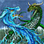A pixelated static image shows a green dragon with yellow eyes and horns breathing blue fire against a blue sky background.