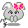 A 4-frame pixel art animation of a gray rabbit-like mascot with pink bow, showing subtle pose and mouth changes across frames on a gray background.
