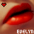 Pixelated close-up of red lips with a heart symbol above and 'EVELYN' text below, showing two states: solid red heart on left, hollow white heart on right.