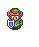 Pixel art character in green tunic and pink headband holding shield, sword, or axe across six sequential poses on gray background.