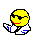Yellow circular head with black sunglasses, red mouth, white body with blue accents, performing a sequence of arm and body movements.