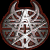 A circular icon with a silver and red geometric pattern featuring horns, transitioning through multiple states including partial face reveal and text overlay.