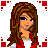 Pixel art of a female character in red cheerleading attire with long brown hair, blue eyes, and a smiling expression, surrounded by red square patterns.