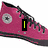 A pink sneaker with black laces and a circular logo, a black atomic symbol with yellow text, a text collage with 'best', 'i love', 'forever', and a rainbow peace sign with 'SOS<3' in yellow.