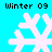 Four pixelated snowflake icons arranged in a on cyan background with "Winter 09" text above each