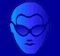 Blue-toned stylized face with dark glasses, green oval alien head with purple eyes and antennae, distorted human-like figure with large sunglasses on blue background.
