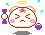Pixel art character with closed eyes, pink cheeks, red star on forehead, yellow halo, orange ears, purple hands; gray background with cyan sparkles.