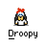 A 3x3 contact sheet of seven pixelated animated frames showing a cartoon dog character with red hat and blue eyes, each labeled "Droopy" below.