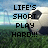 Pixelated image with bold black text reading "LIFE'S SHORT PLAY HARD!!!" over a blurred background of green grass, blue sky, and a white-and-black soccer ball.