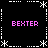 Black background with white dashed lines forming a , pink text 'BEXTER' in four corners, and white asterisk-like symbols at intersections and corners