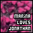 Pixelated pink and purple abstract background with three stacked black rectangular text boxes containing white pixelated text reading MARINA LOVES JONATHAN.